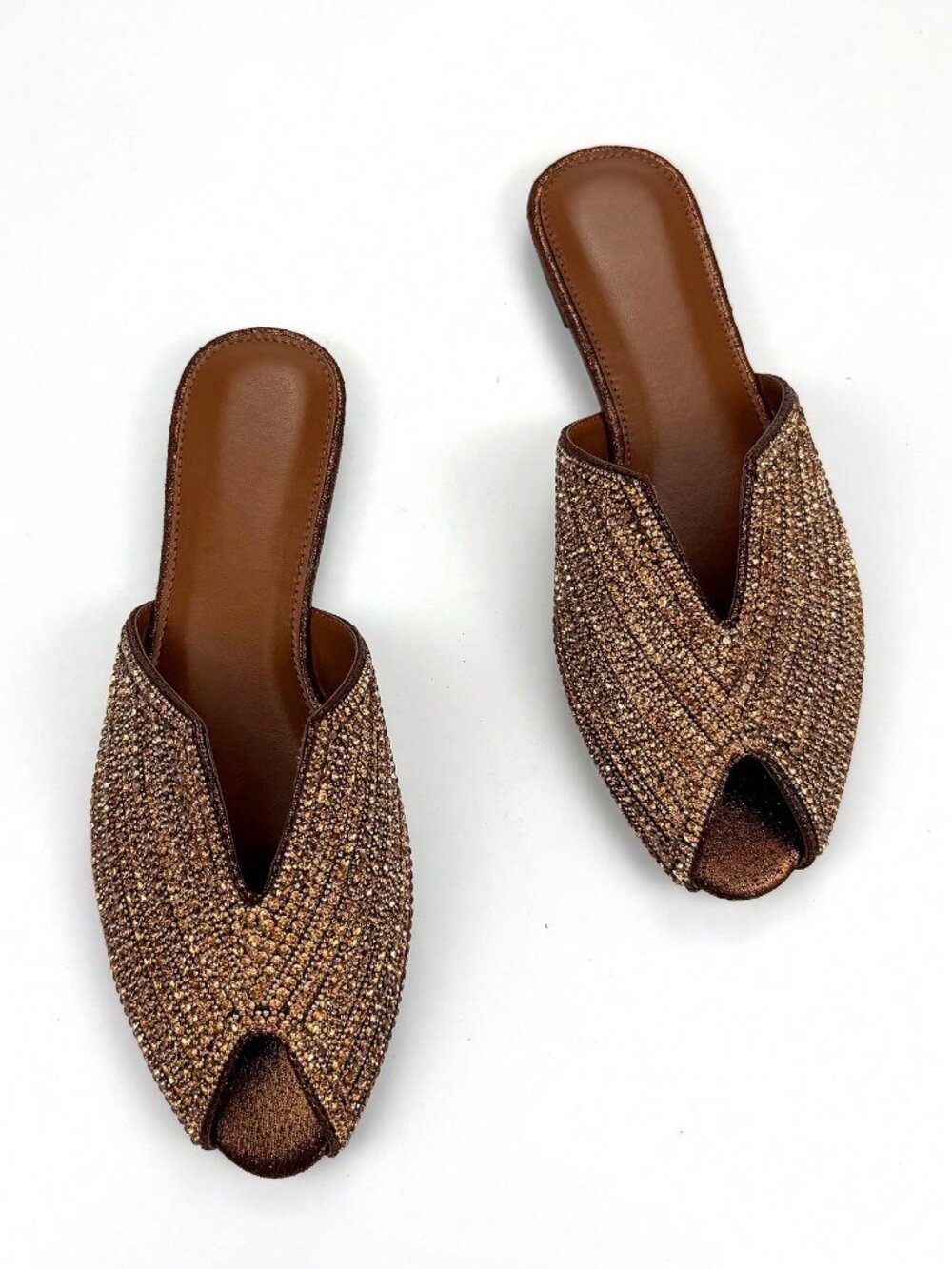 Bronze Fashionable Women's Rhinestoned V-Cut Slip-On Mule Flats